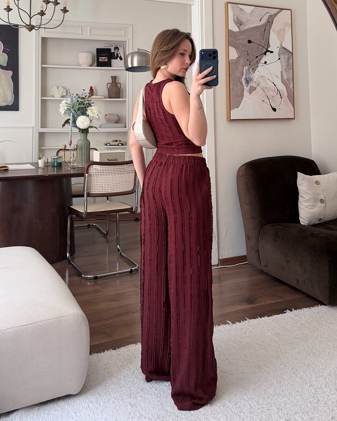 Bordo Fitilli Crop Bluz Palazzo Pantolon Takım