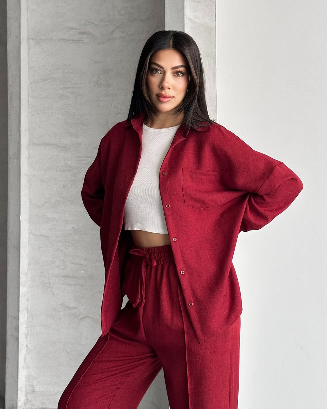 Bordo Keten Gömlek Pantolon Takım