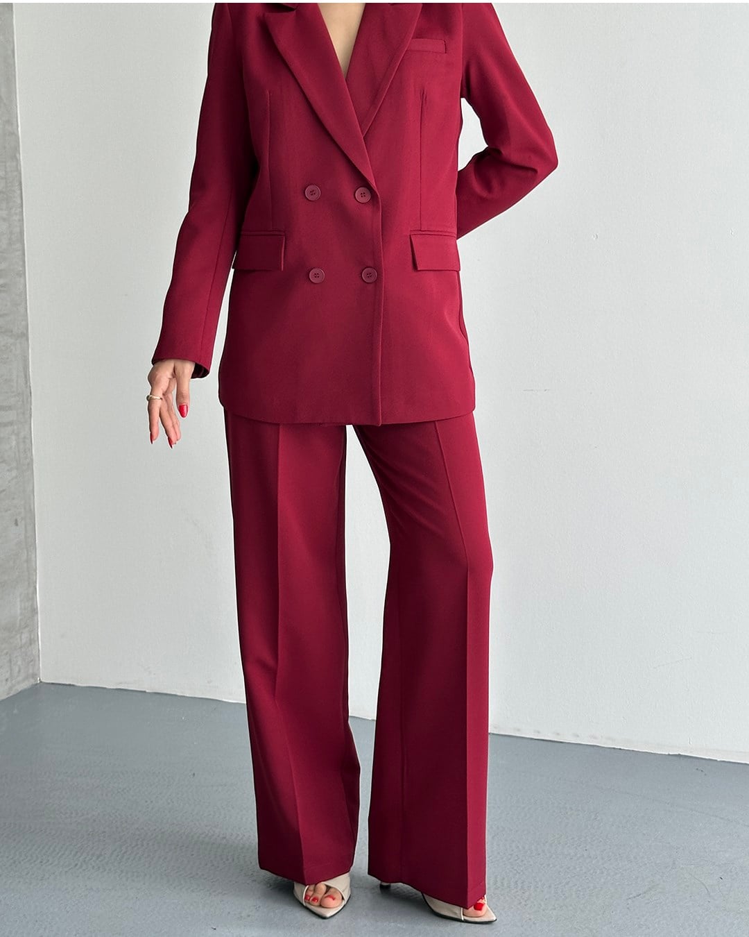 Bordo Oversize Blazer Ceket Pantolon Takım