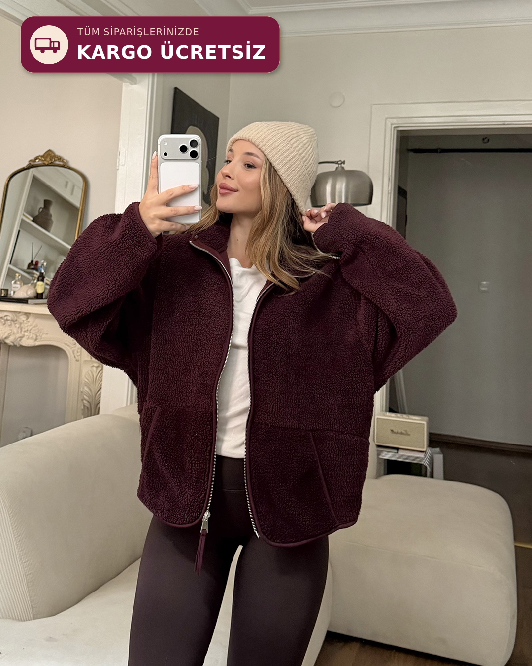 Bordo Peluş Polar Ceket