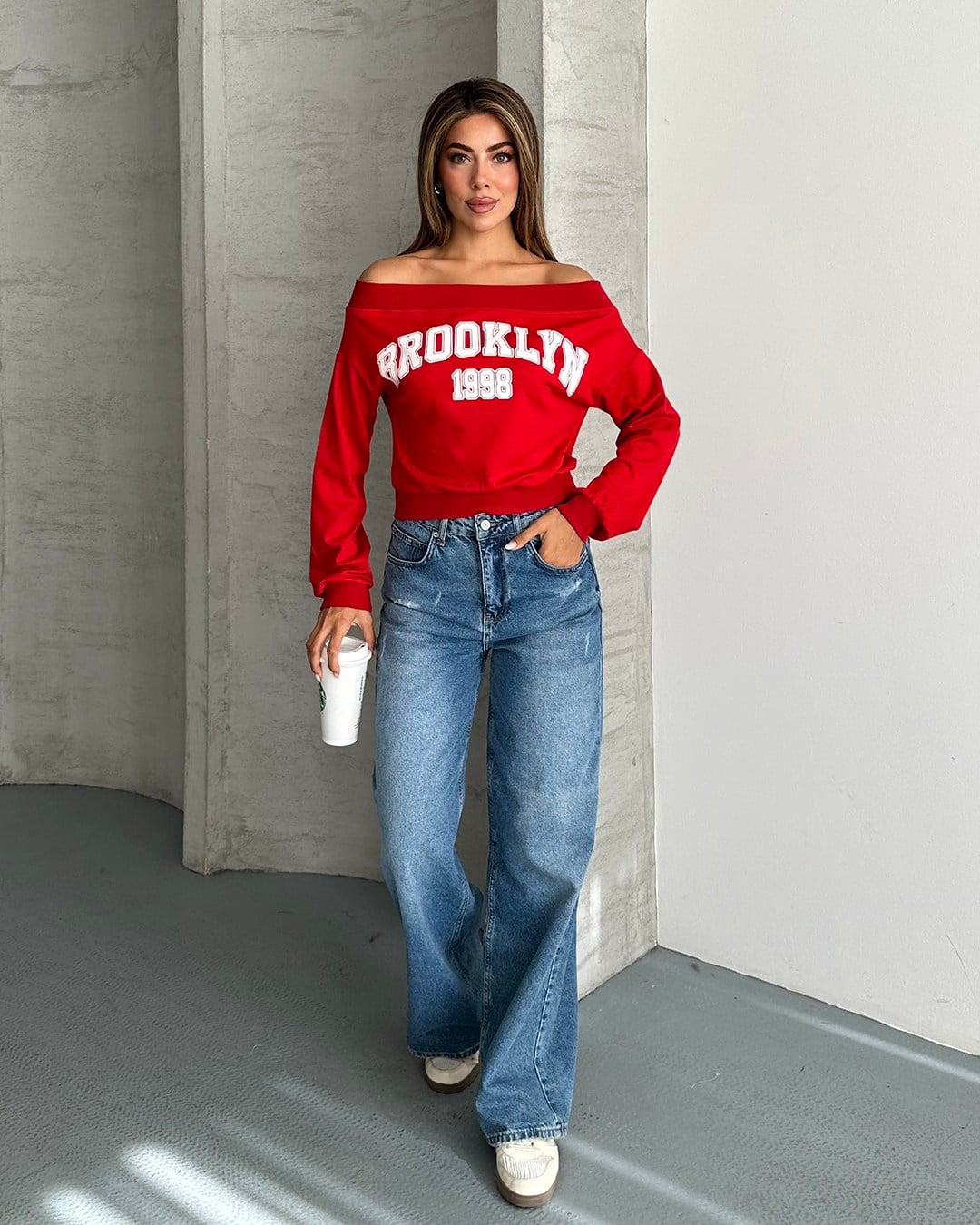 Brooklyn 1998 Baskılı Kayık Yaka Kırmızı Bluz