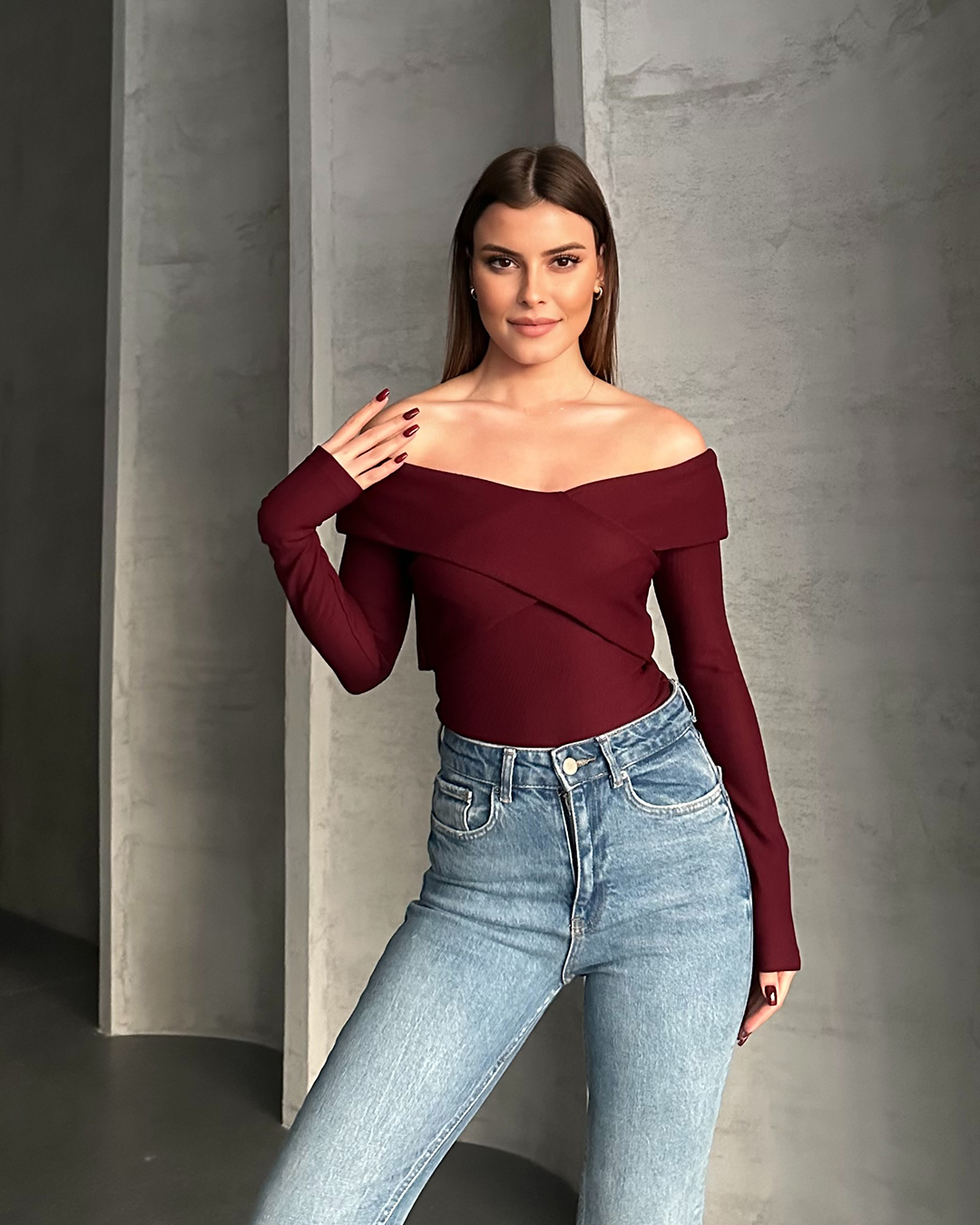 Çapraz Yaka Detay Bordo Bluz