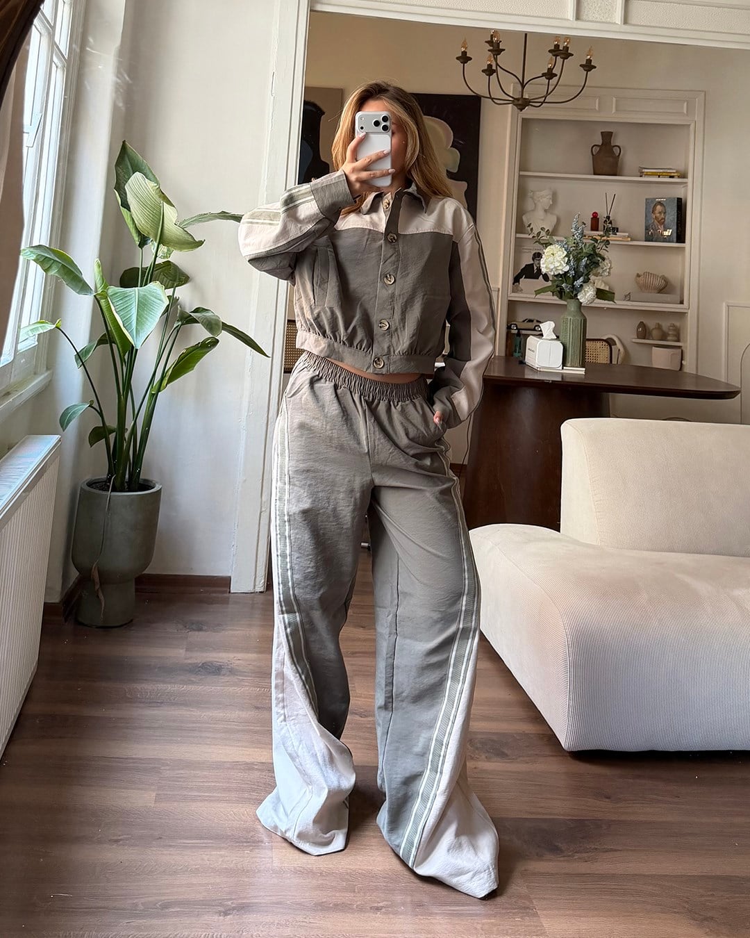 Çift Renk Şeritli Ceket Pantolon Haki İkili Takım