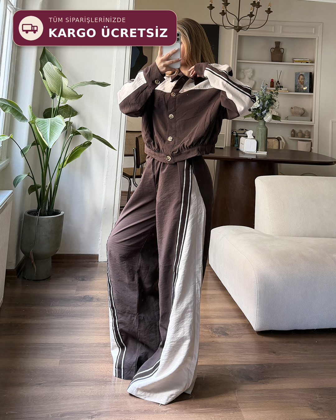 Çift Renk Şeritli Ceket Pantolon Kahverengi İkili Takım