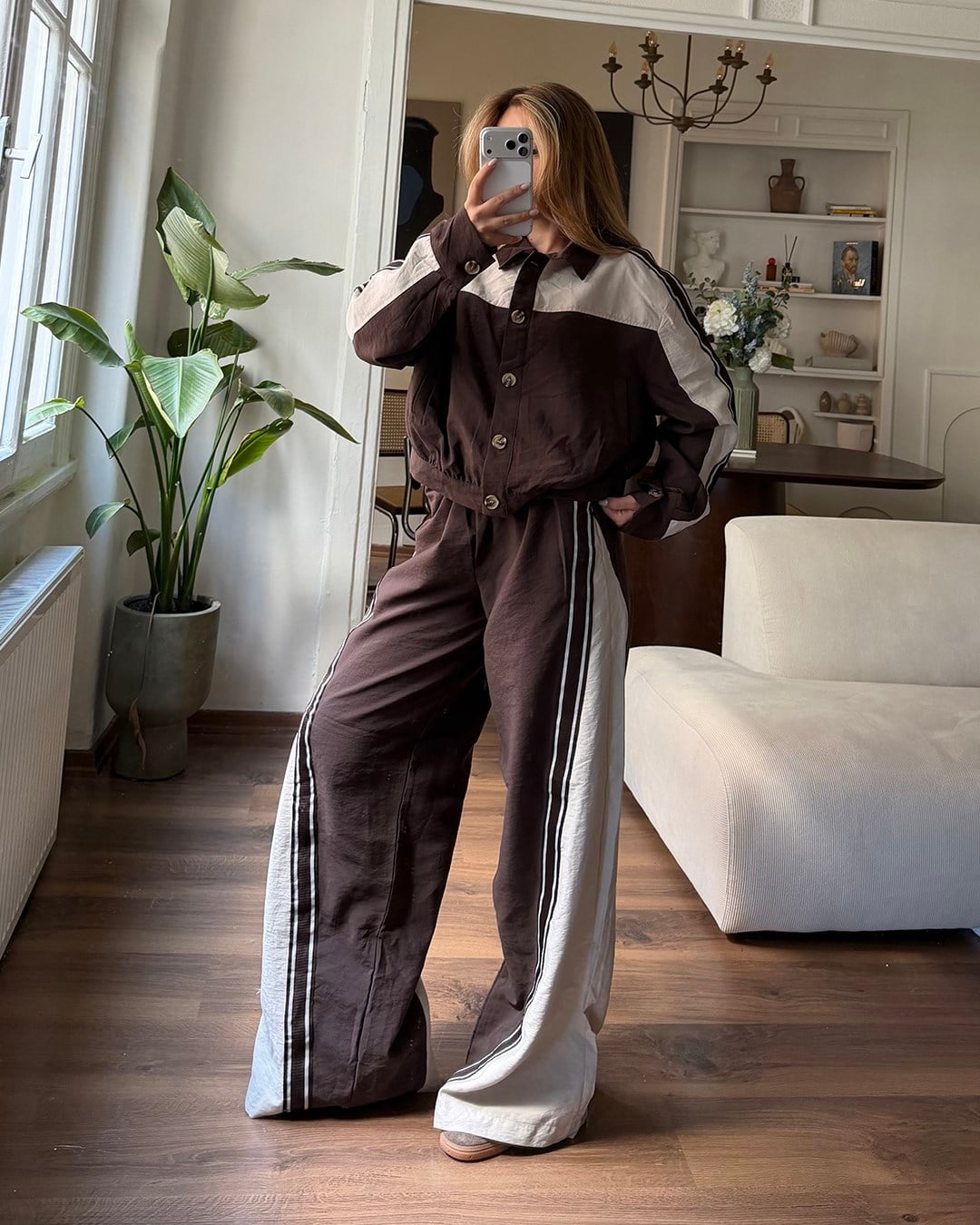 Çift Renk Şeritli Ceket Pantolon Kahverengi İkili Takım