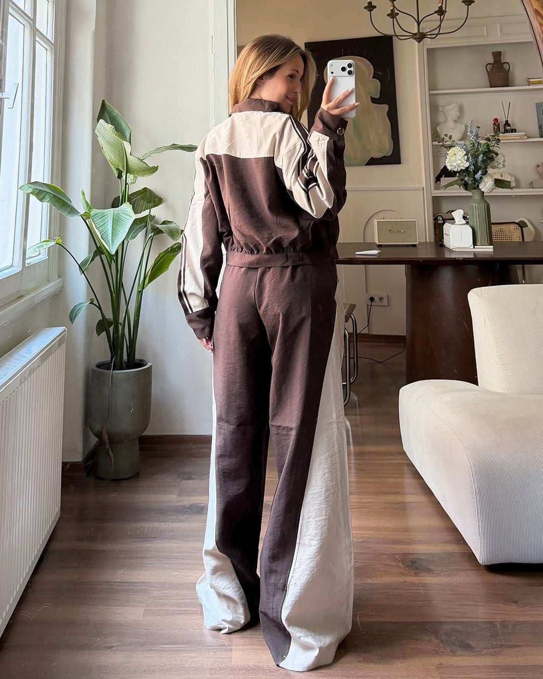 Çift Renk Şeritli Ceket Pantolon Kahverengi İkili Takım