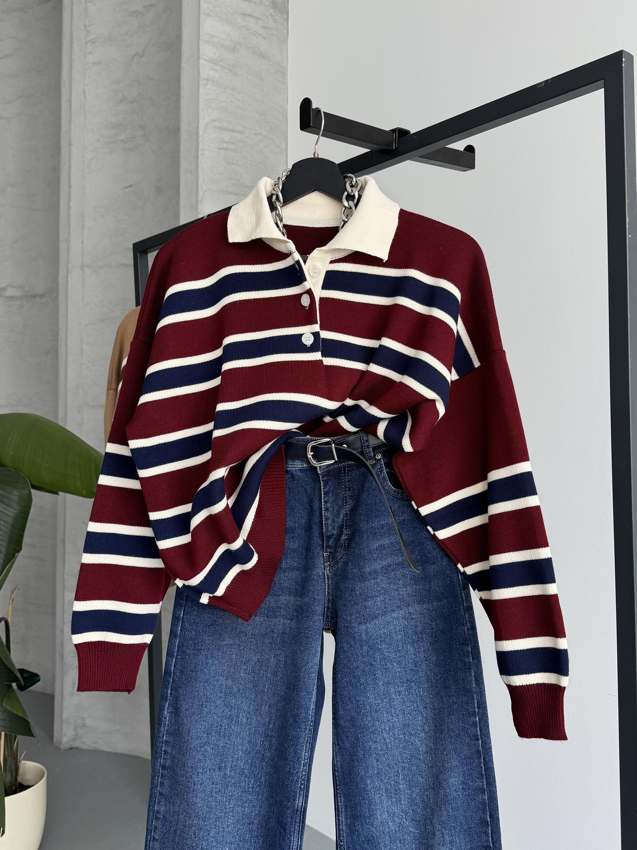 Çizgili Polo Yaka Oversize Bordo Triko Kazak