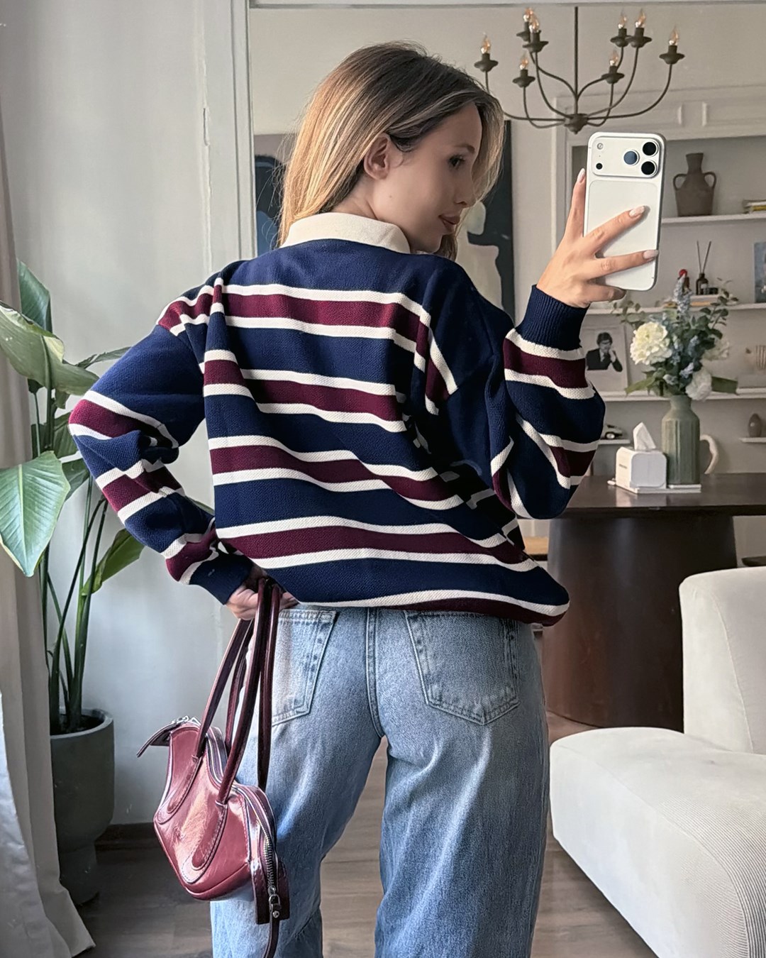 Çizgili Polo Yaka Oversize Lacivert Triko Kazak