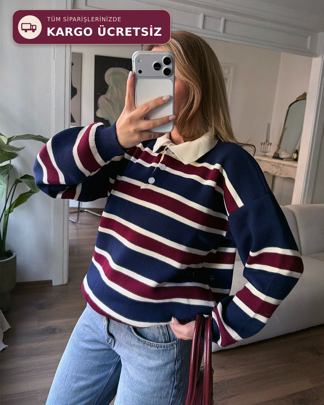 Çizgili Polo Yaka Oversize Lacivert Triko Kazak