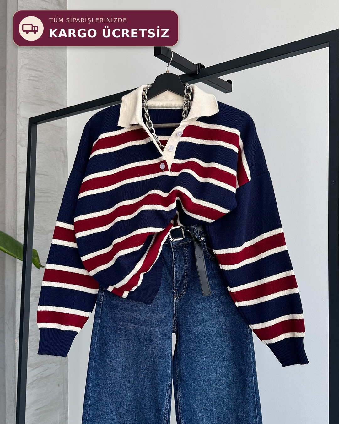 Çizgili Polo Yaka Oversize Lacivert Triko Kazak