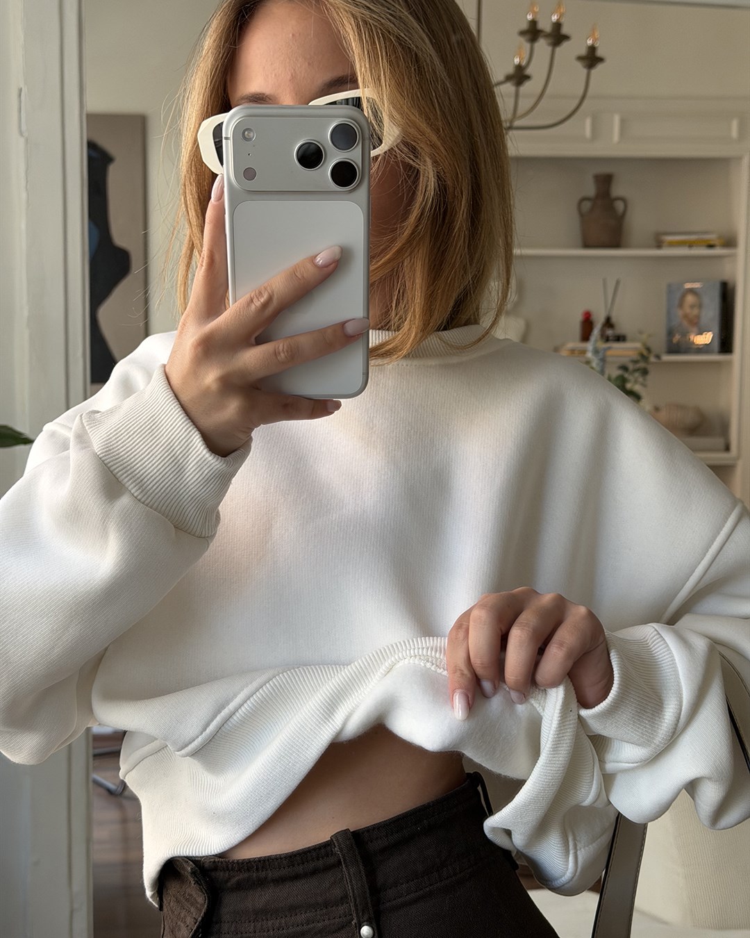 Crop Düz Beyaz Sweatshirt