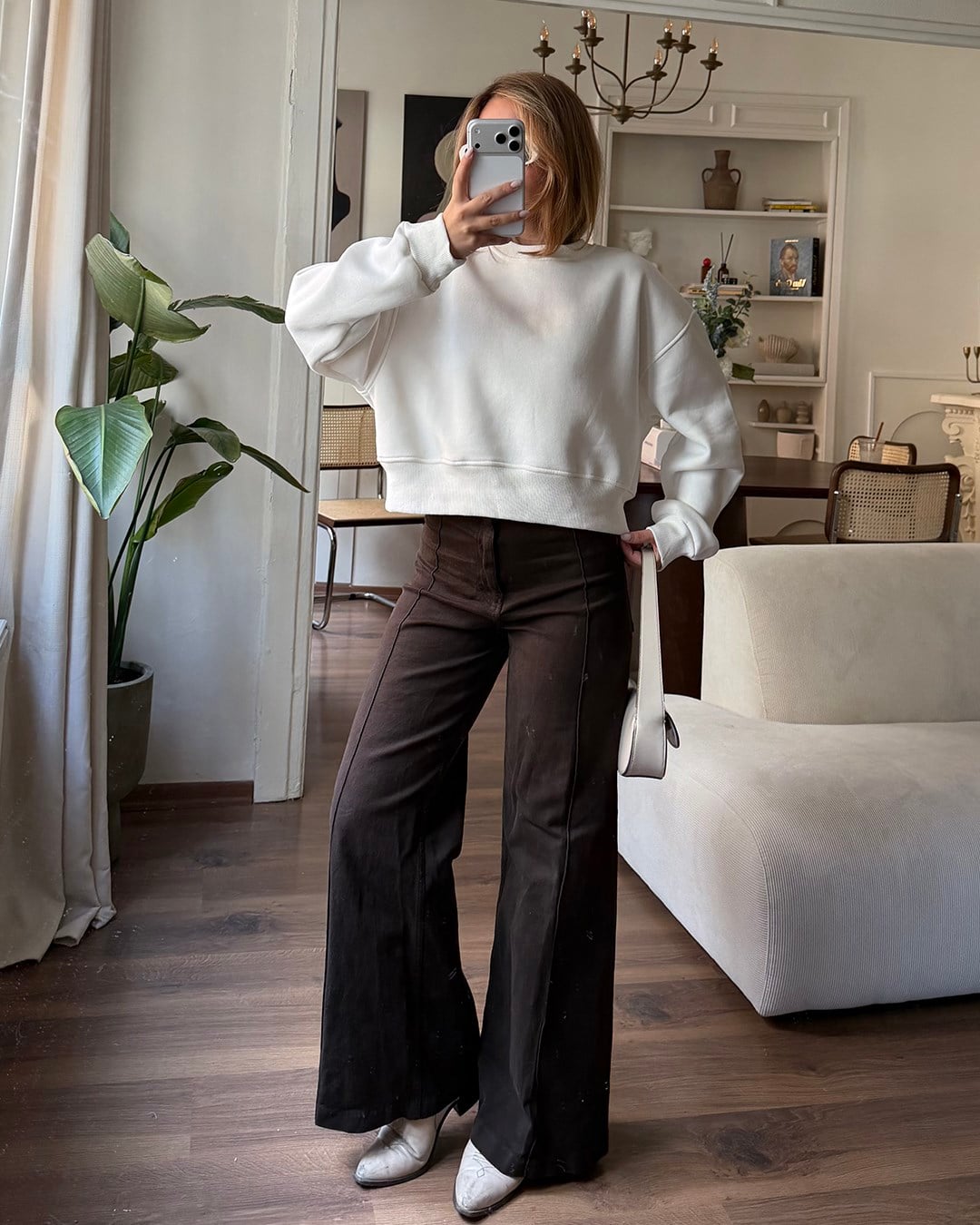 Crop Düz Beyaz Sweatshirt