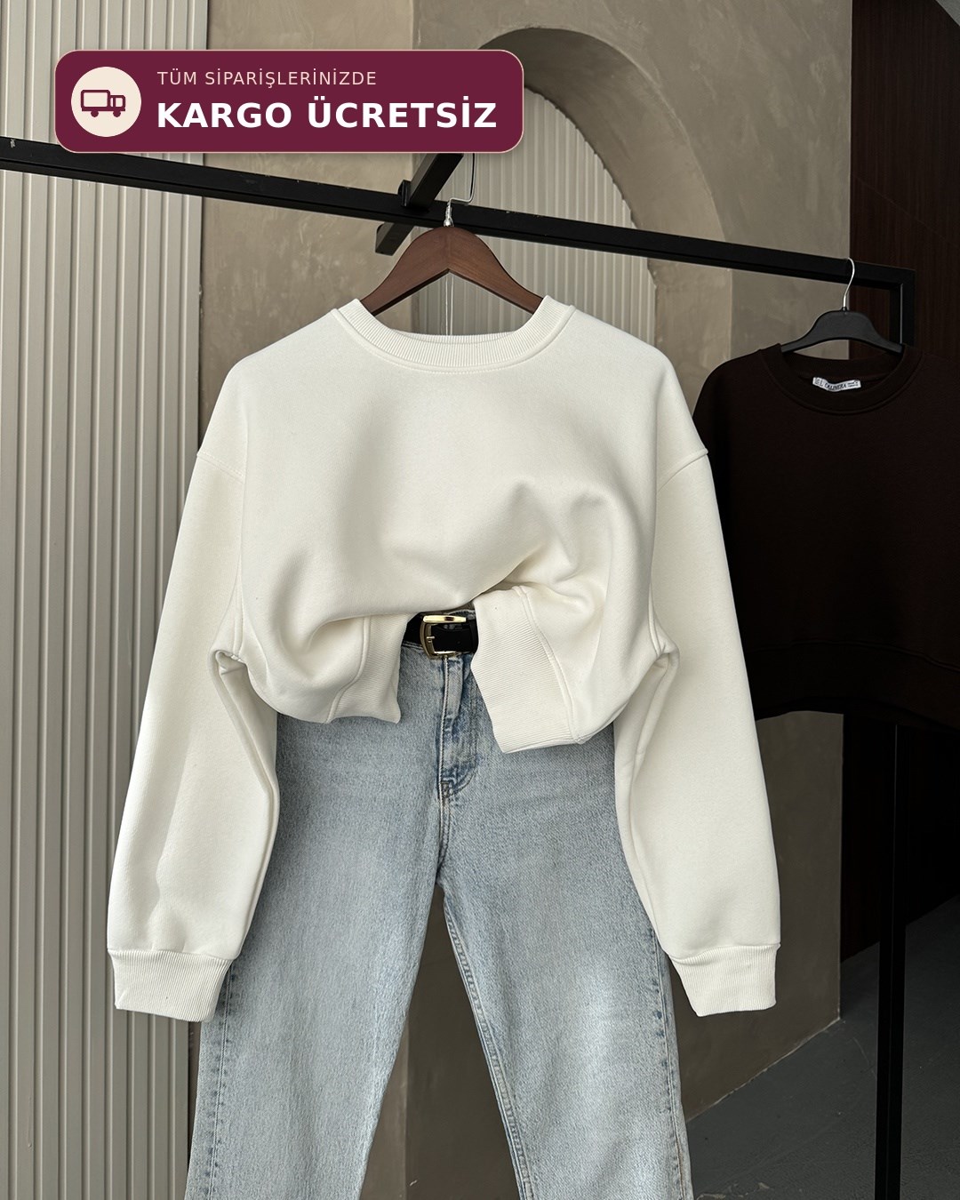 Crop Düz Beyaz Sweatshirt