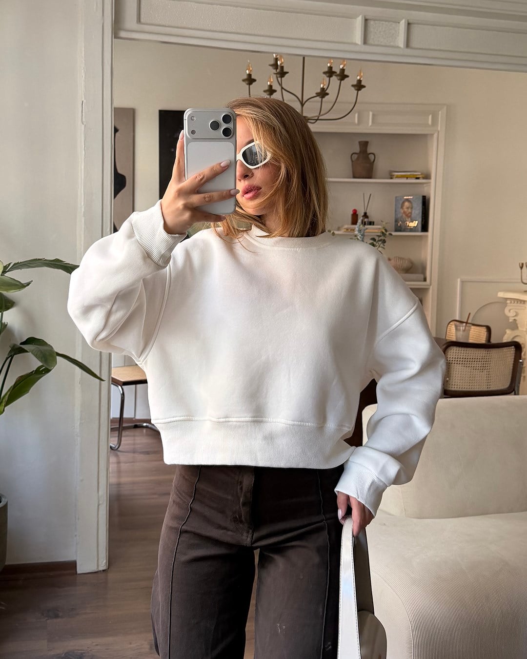 Crop Düz Beyaz Sweatshirt