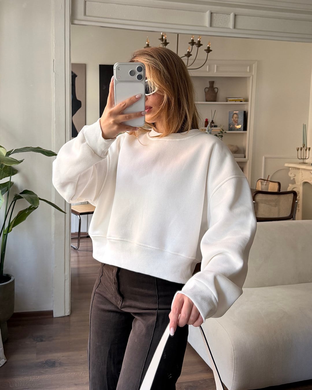 Crop Düz Beyaz Sweatshirt