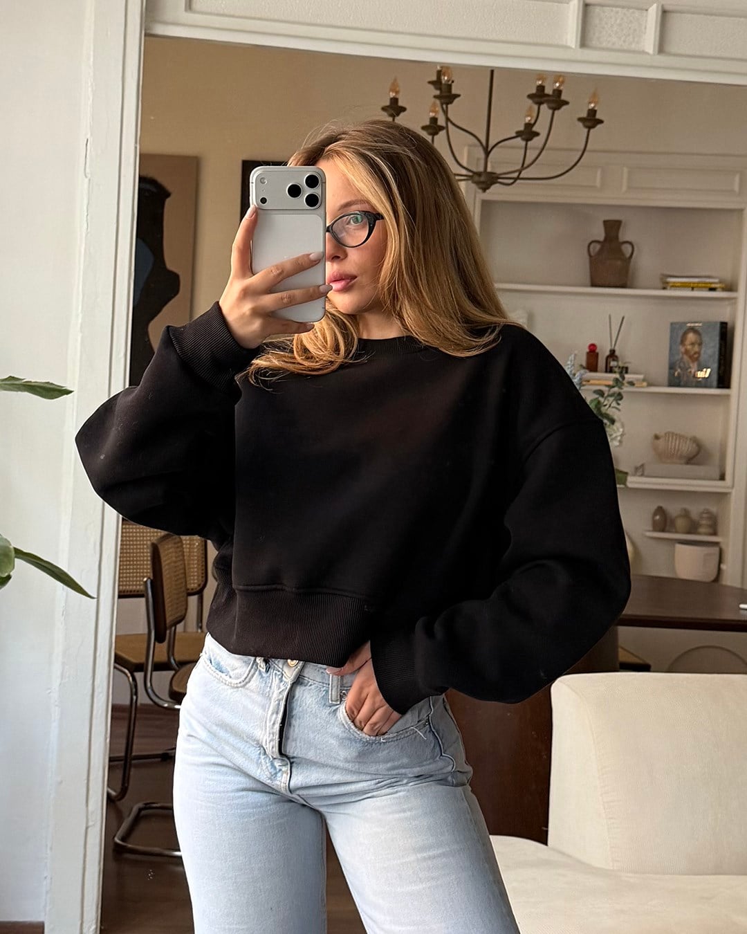 Crop Düz Siyah Sweatshirt