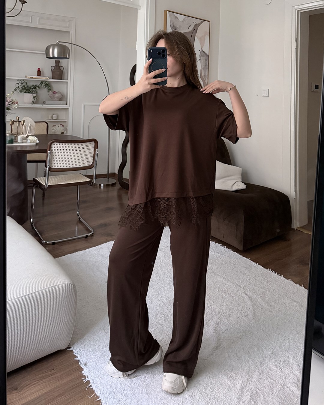 Dantel Detaylı Oversize Kahverengi Takım