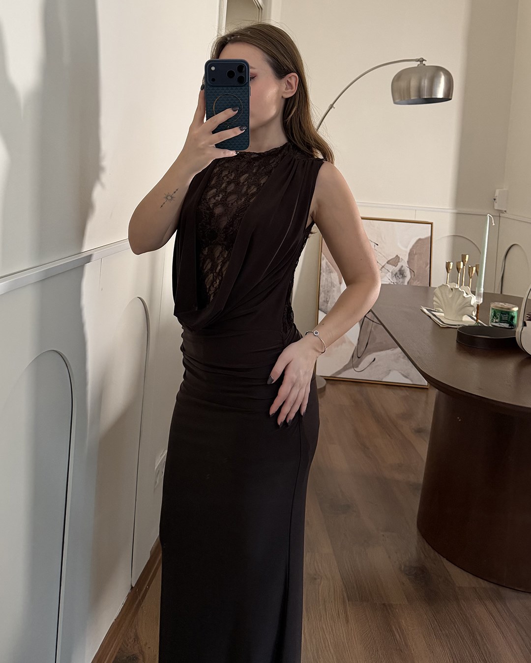 Dantelli Kahverengi Abiye Elbise