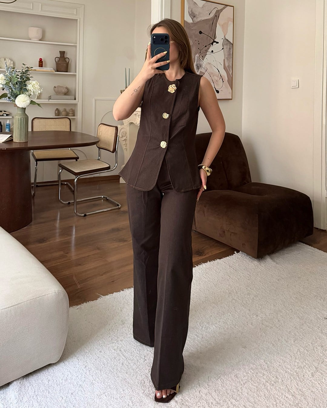 Denim Görünümlü Kahverengi Yelek Takım