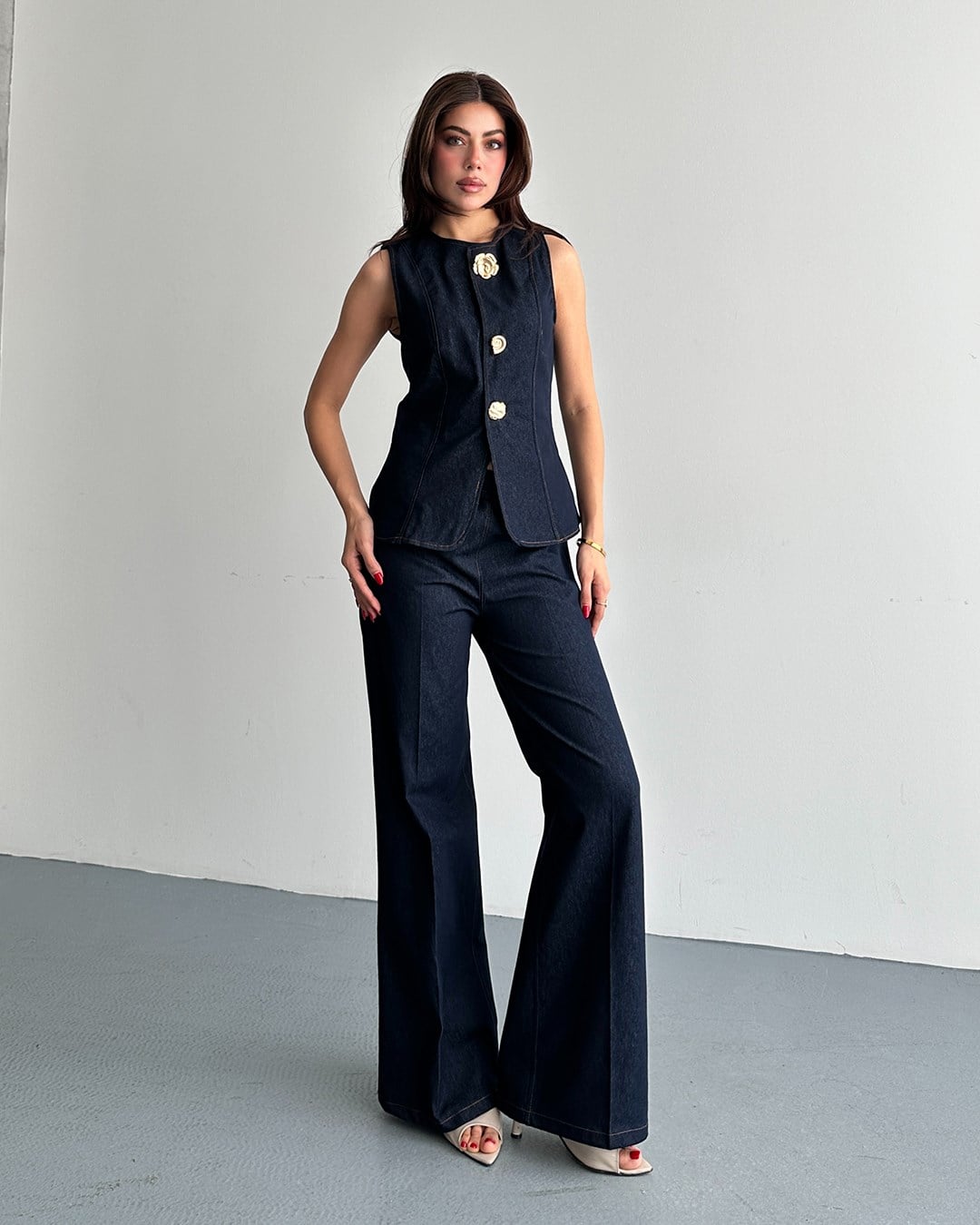 Denim Görünümlü Lacivert Yelek Takım
