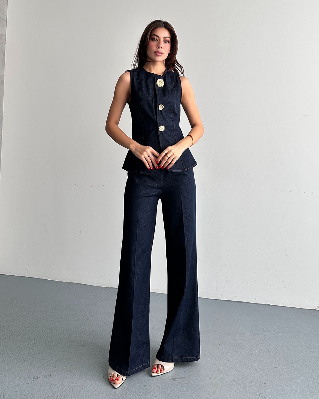 Denim Görünümlü Lacivert Yelek Takım