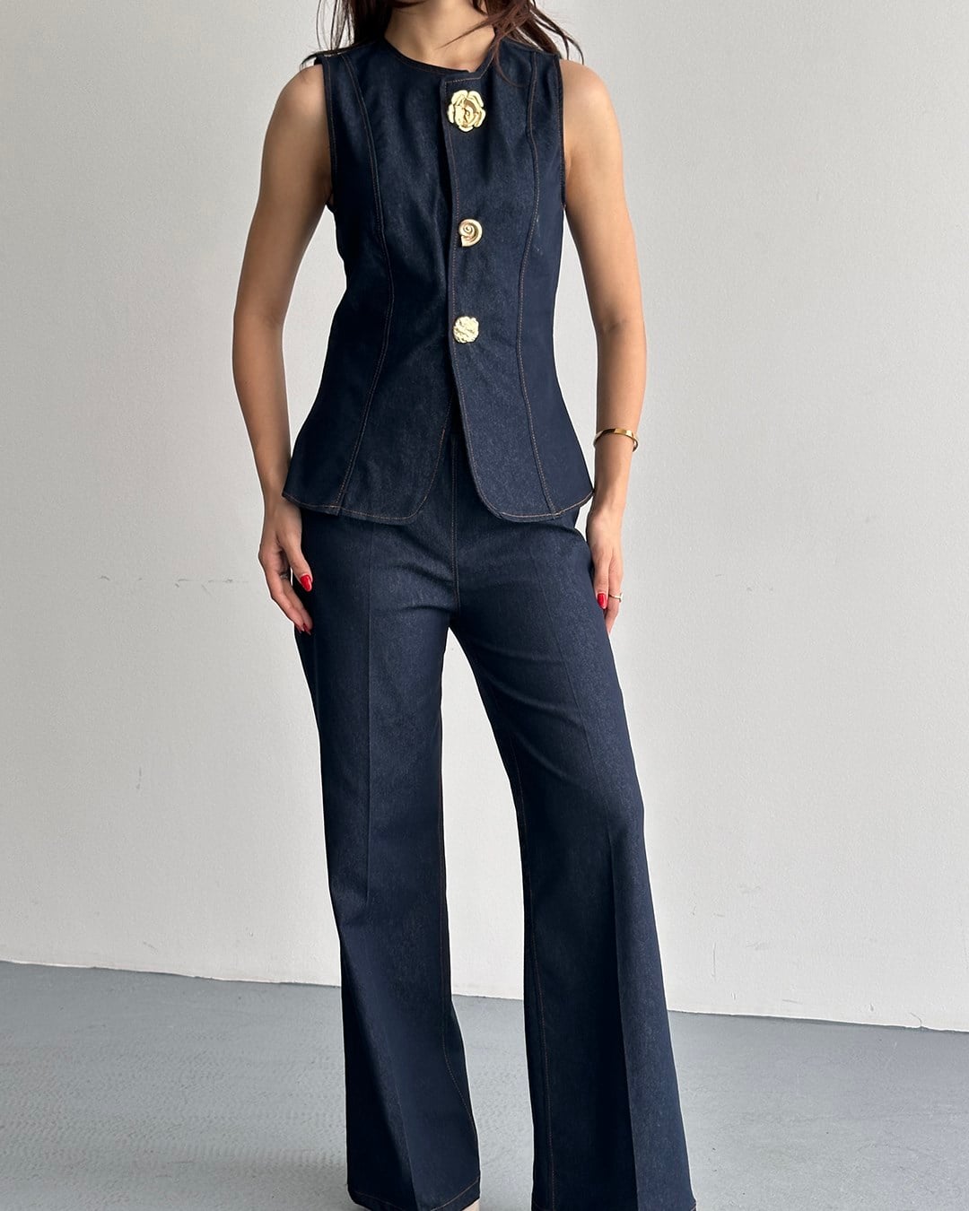 Denim Görünümlü Lacivert Yelek Takım