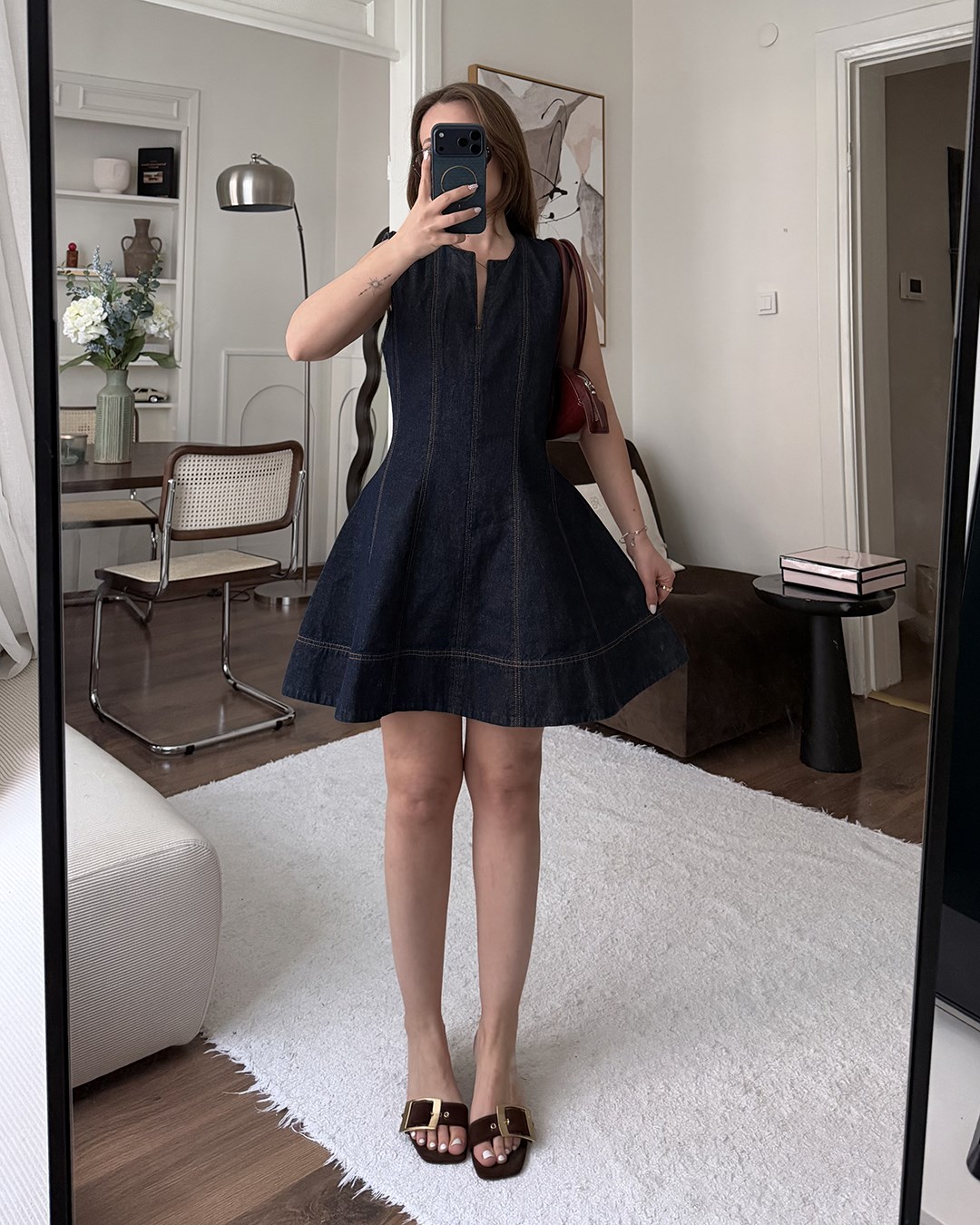 Dikiş Detaylı Lacivert Denim Elbise