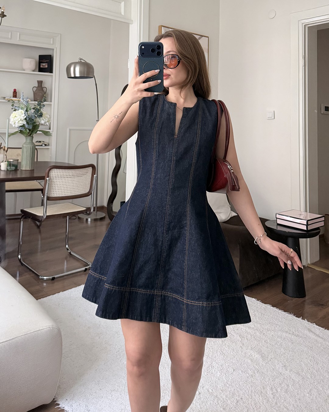 Dikiş Detaylı Lacivert Denim Elbise