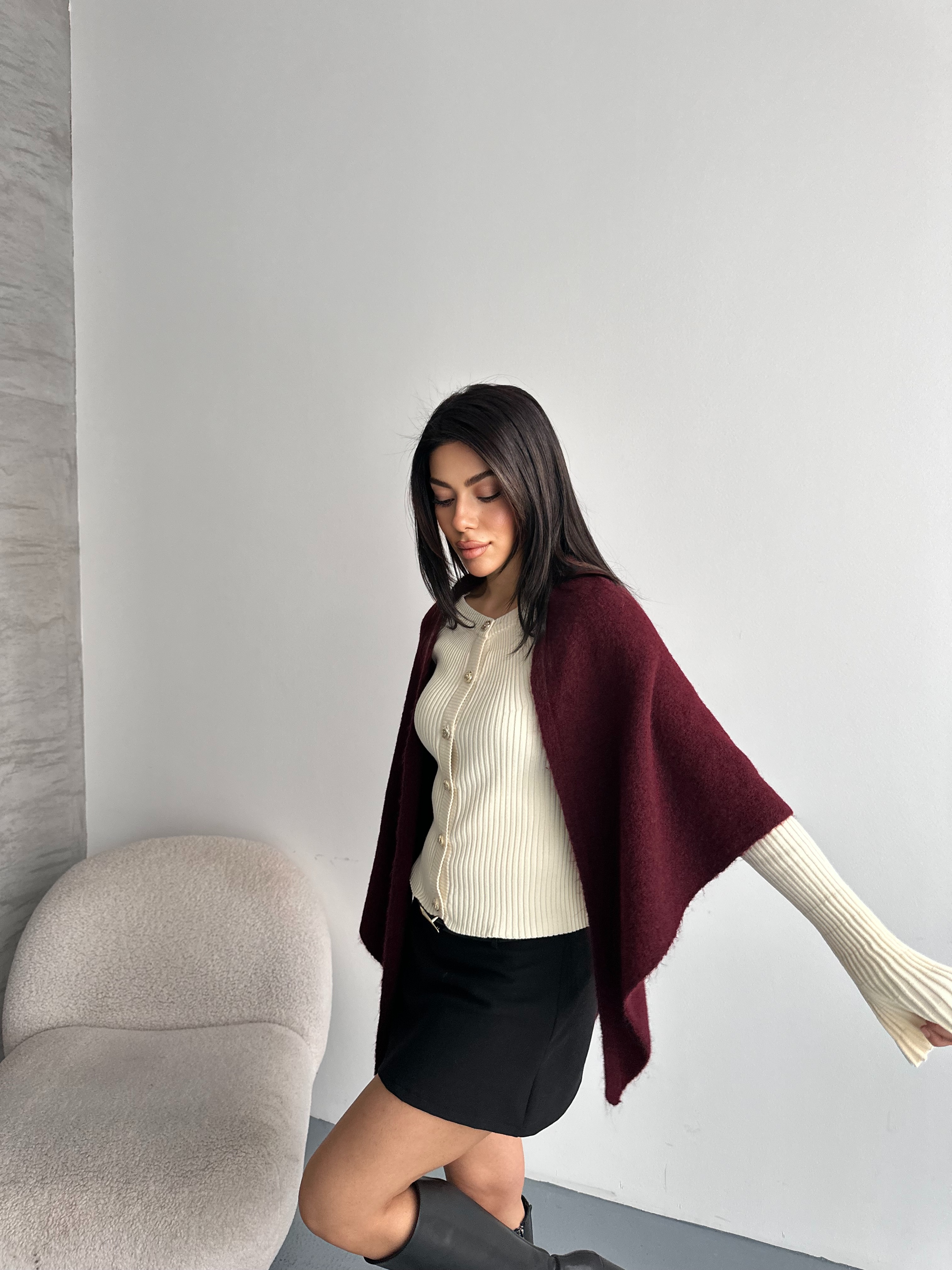 Dökümlü Triko Bordo Panço Şal