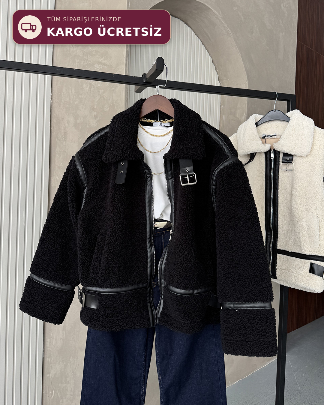 Dolly Deri Biyeli Oversize Siyah Peluş Mont