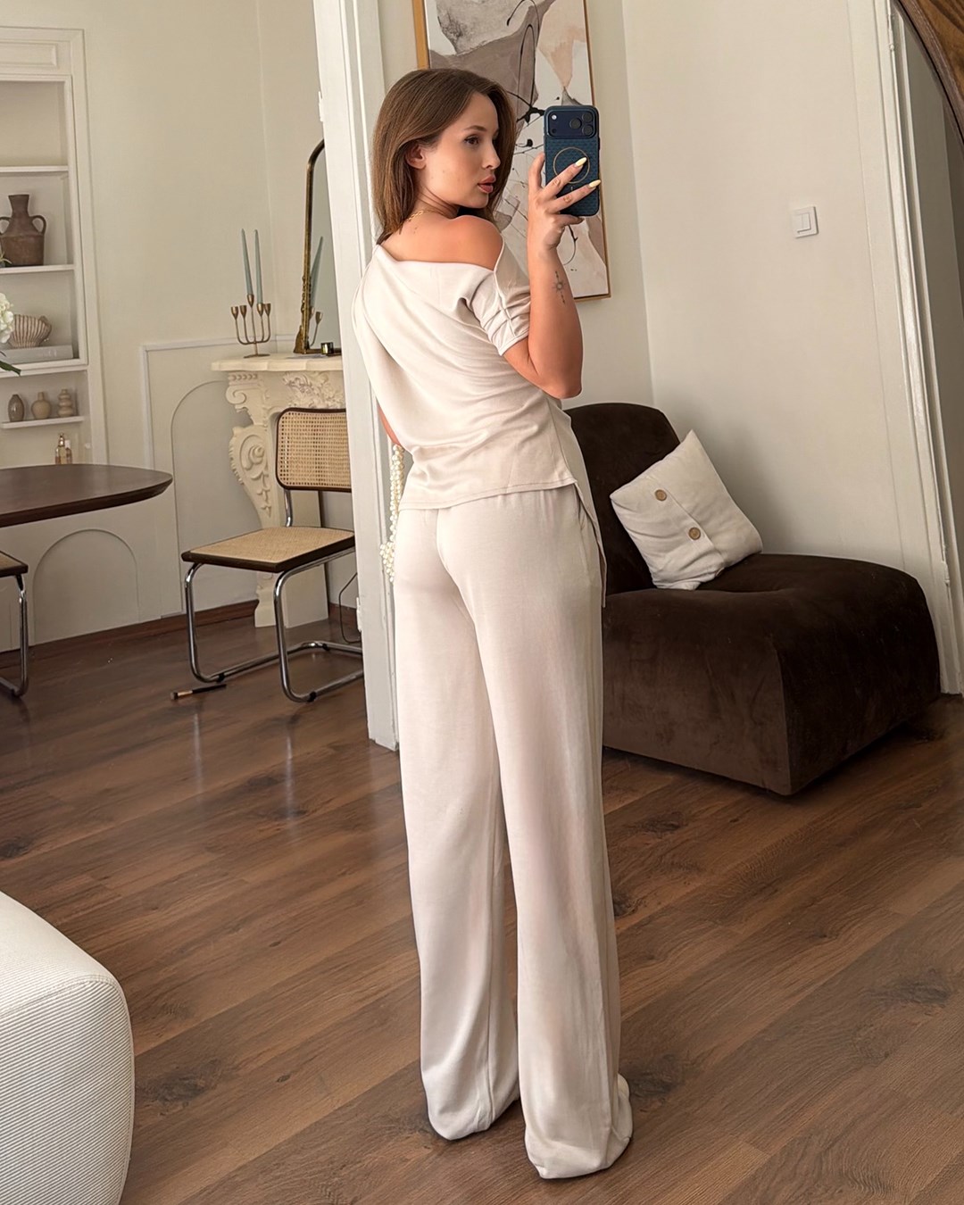 Drape Detaylı Taş Bluz Pantolon Takım 