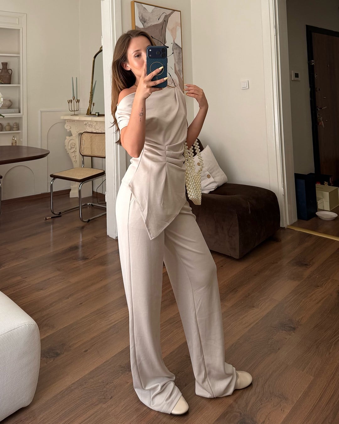 Drape Detaylı Taş Bluz Pantolon Takım 