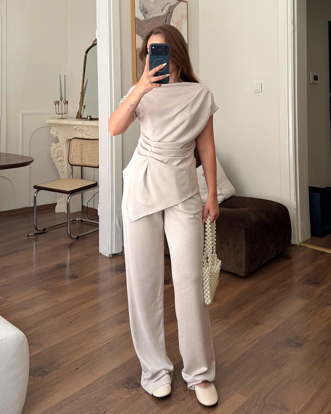 Drape Detaylı Taş Bluz Pantolon Takım 