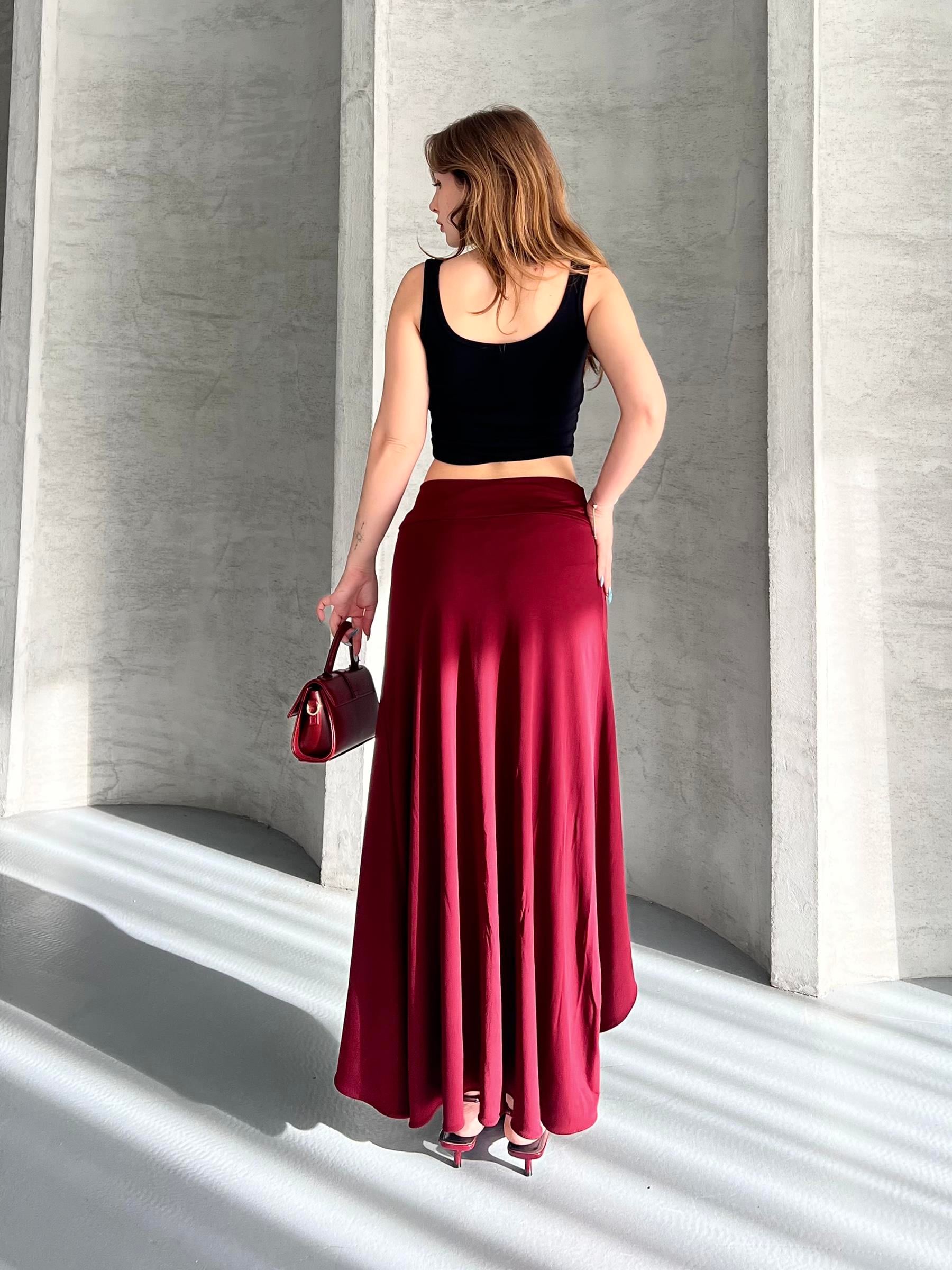 Drapeli Midi Boy Asimetrik Kruvaze Bordo Etek