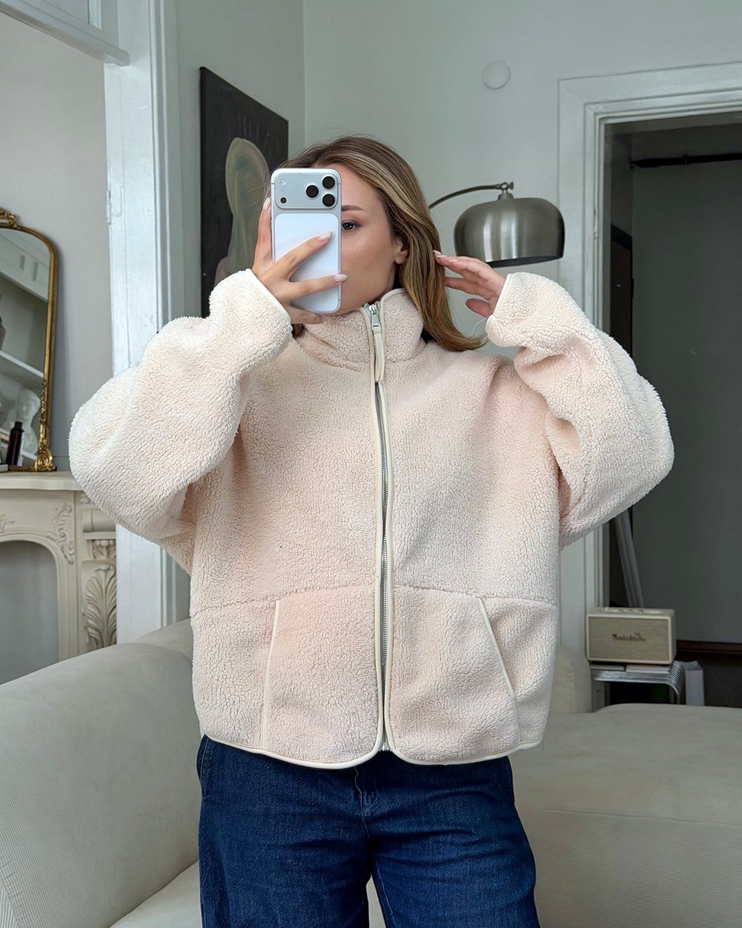 Ekru Peluş Polar Ceket
