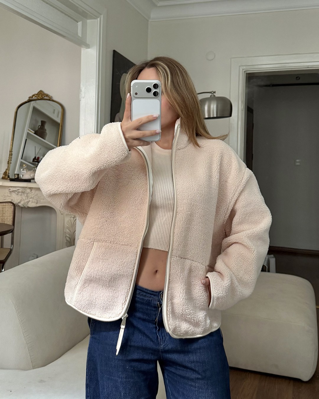 Ekru Peluş Polar Ceket