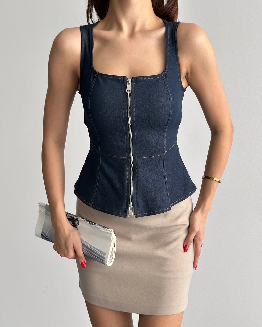 Fermuarlı Denim Lacivert Bluz