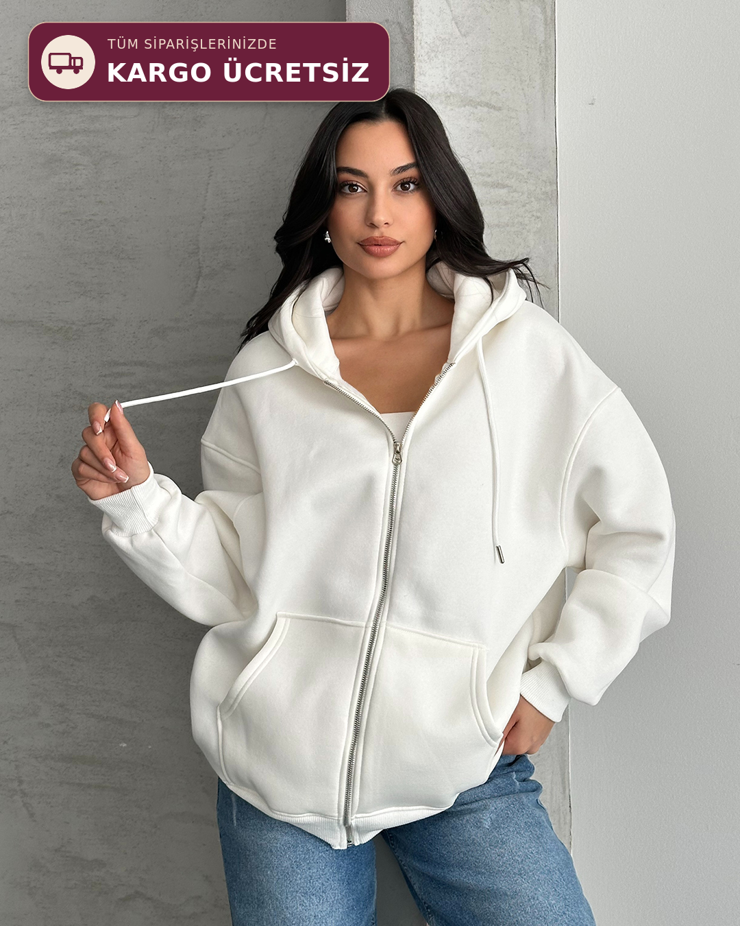 Fermuarlı Kapüşonlu Oversize Beyaz Hırka