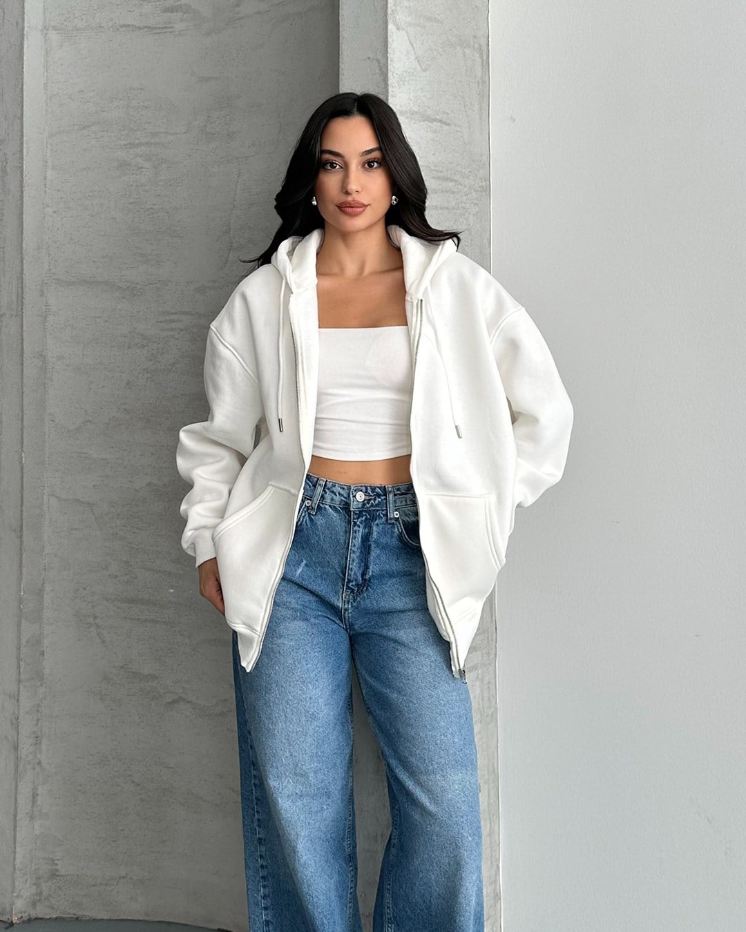 Fermuarlı Kapüşonlu Oversize Beyaz Hırka