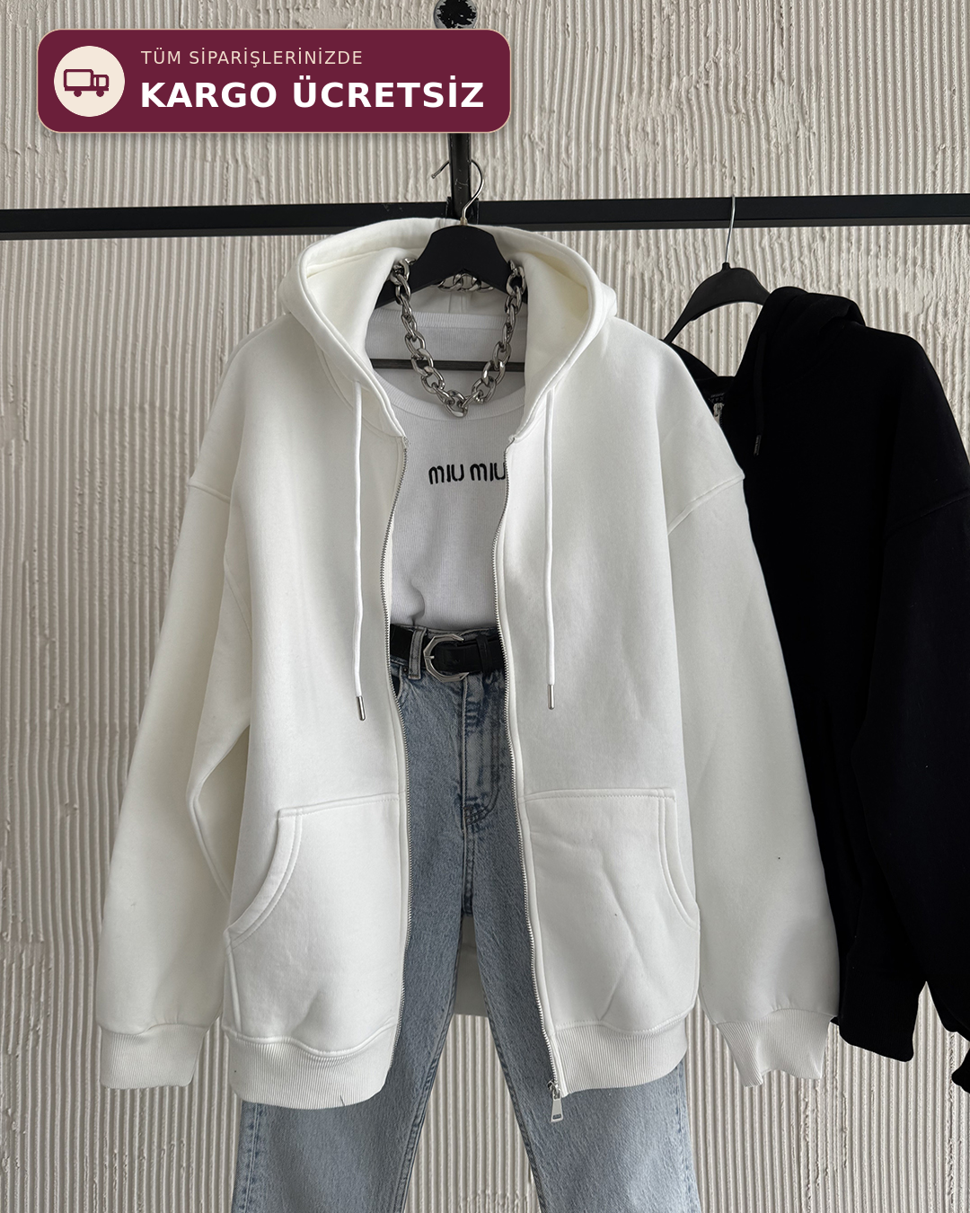 Fermuarlı Kapüşonlu Oversize Beyaz Hırka