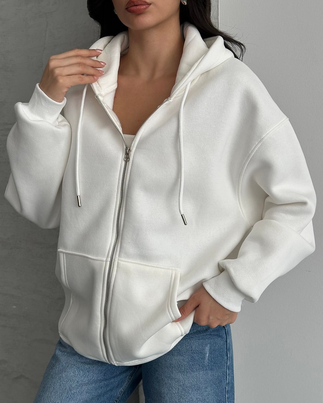 Fermuarlı Kapüşonlu Oversize Beyaz Hırka