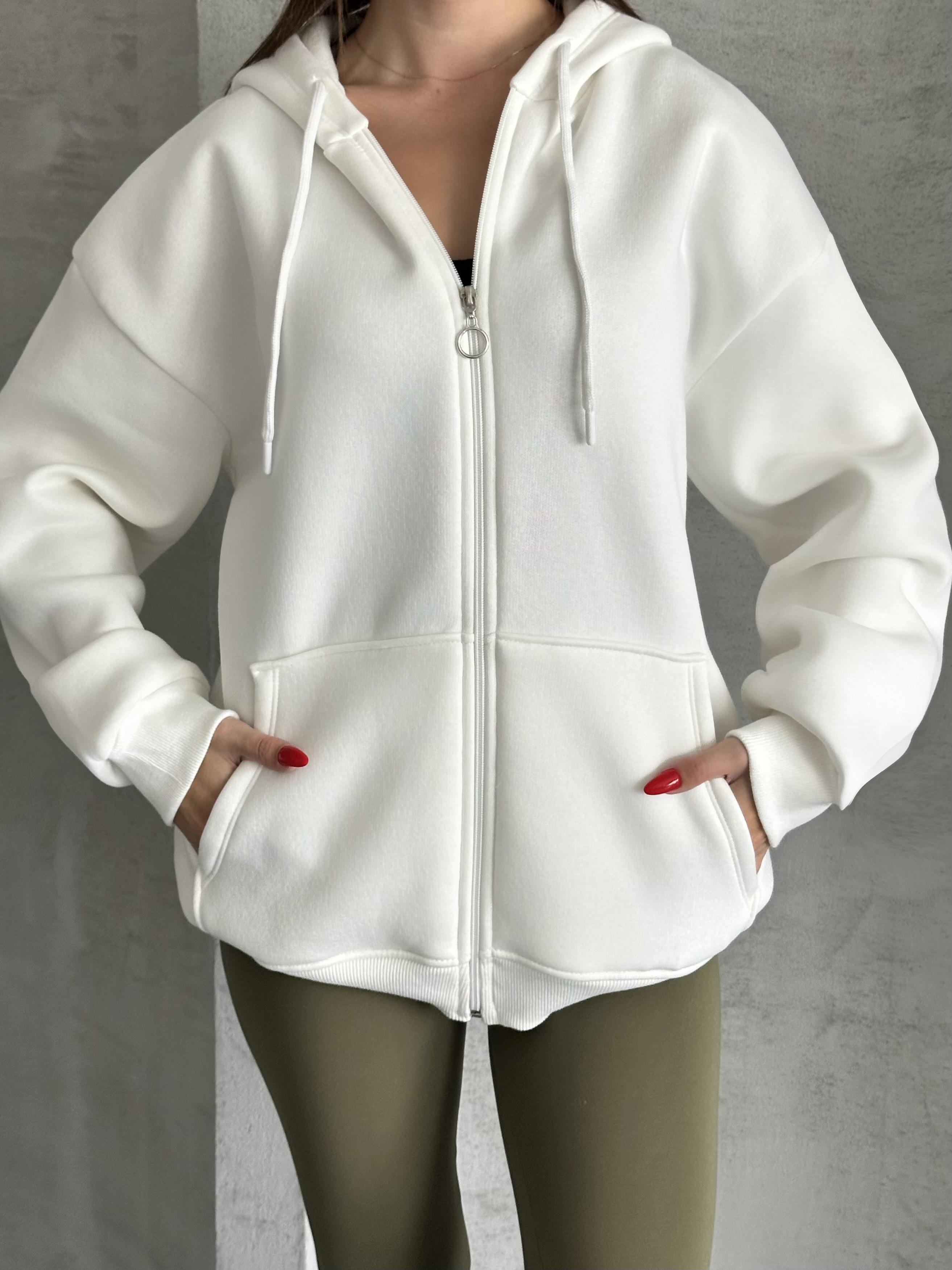 Fermuarlı Kapüşonlu Oversize Beyaz Hırka