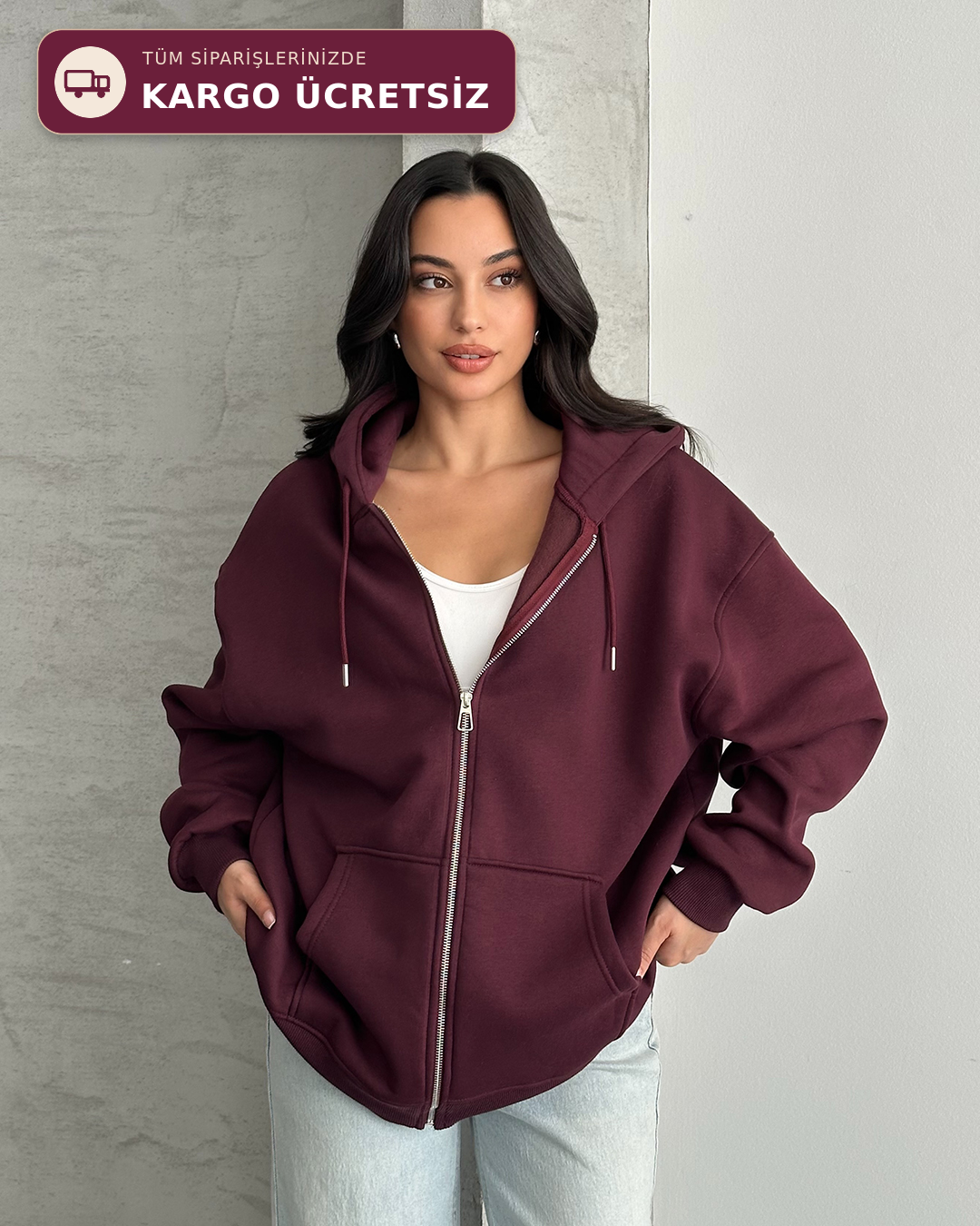 Fermuarlı Kapüşonlu Oversize Bordo Hırka