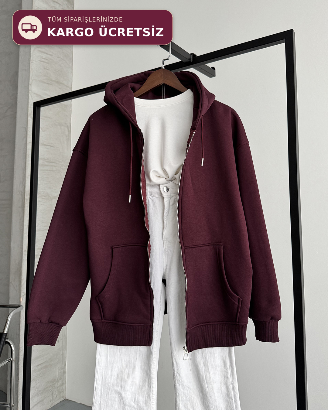 Fermuarlı Kapüşonlu Oversize Bordo Hırka