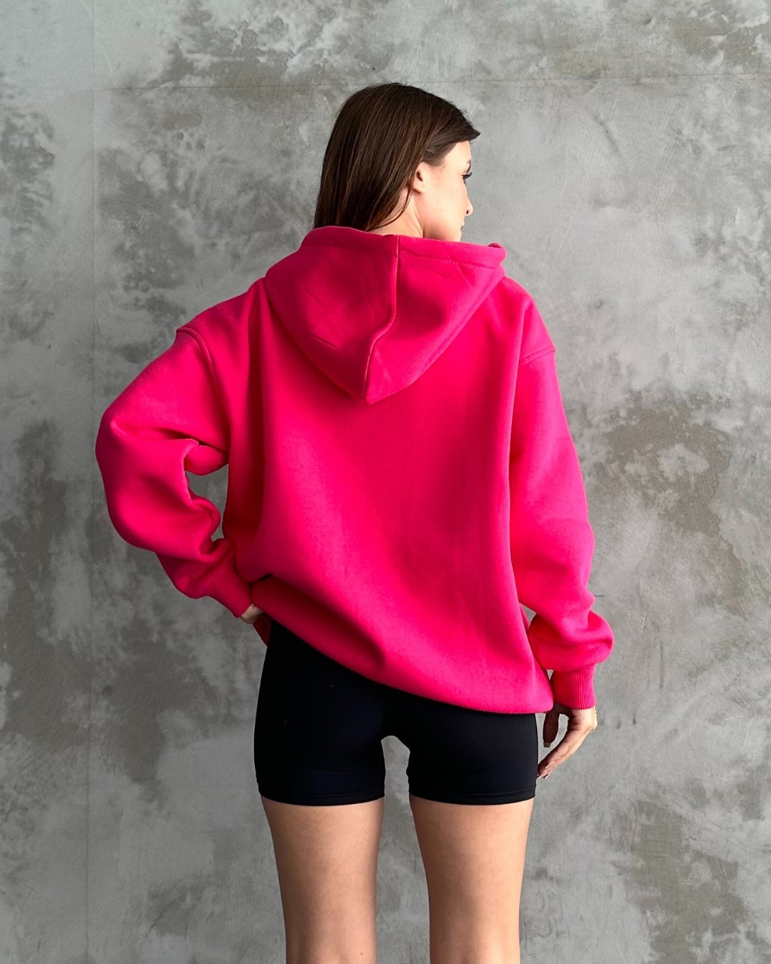Fermuarlı Kapüşonlu Oversize Fuşya Hırka