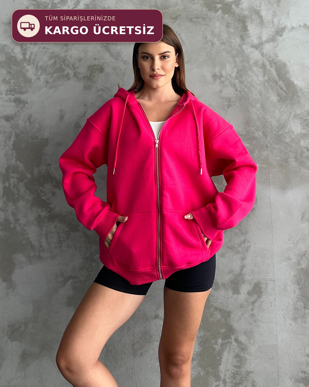 Fermuarlı Kapüşonlu Oversize Fuşya Hırka