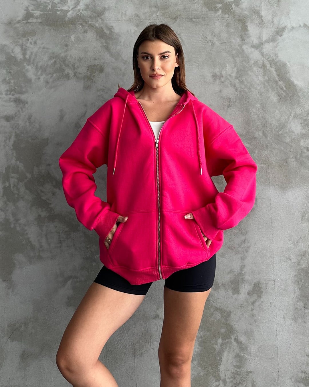 Fermuarlı Kapüşonlu Oversize Fuşya Hırka