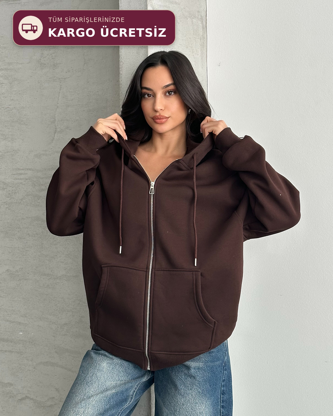 Fermuarlı Kapüşonlu Oversize Kahverengi Hırka