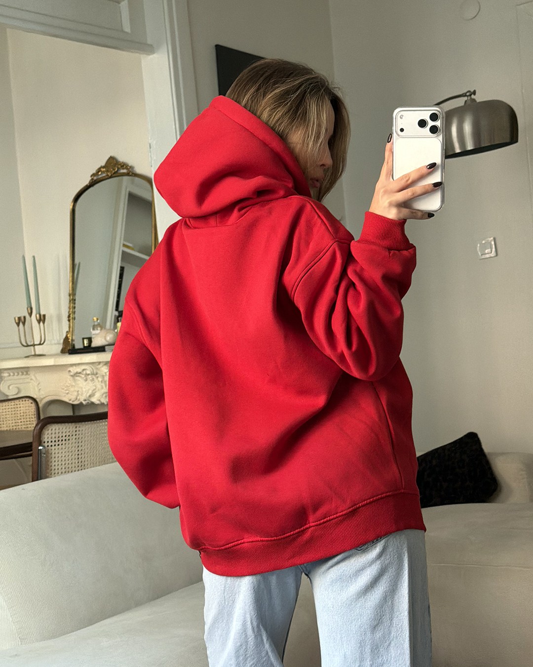 Fermuarlı Kapüşonlu Oversize Kırmızı Hırka