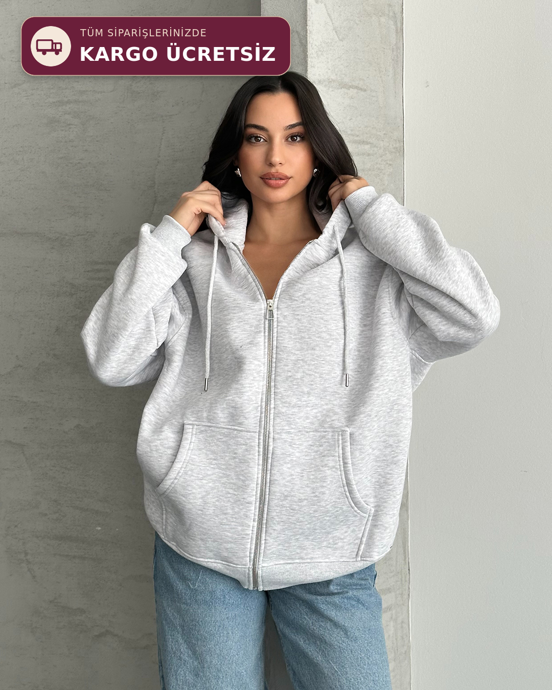 Fermuarlı Kapüşonlu Oversize Melanj Hırka